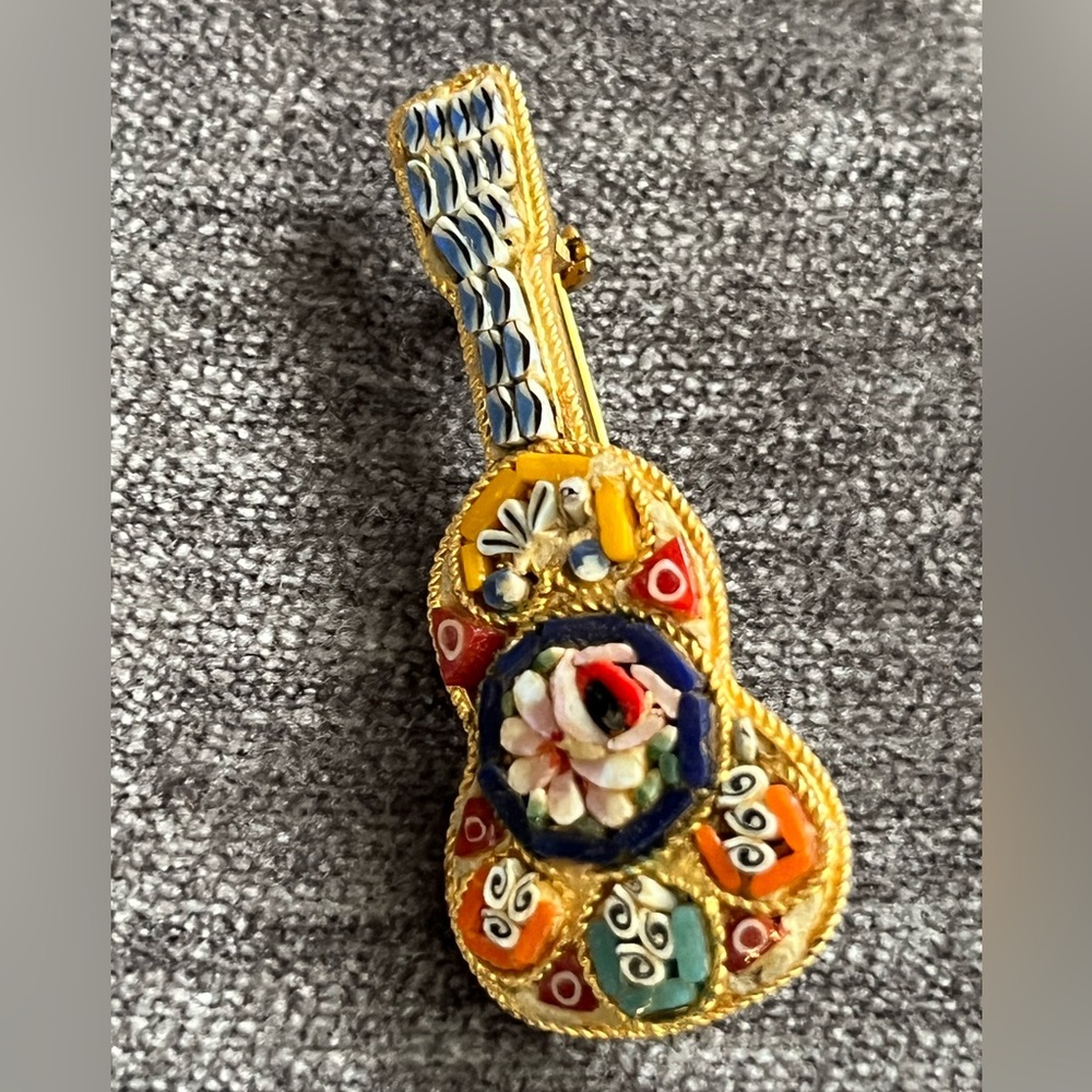 Vintage Italian murano glass mosaic guitar pin